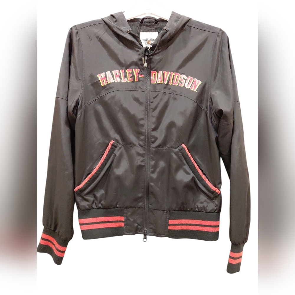 "Harley-Davidson" Sz.S,  Black Bomber Jacket with Pink & Yellow Logo. 19inP2P...